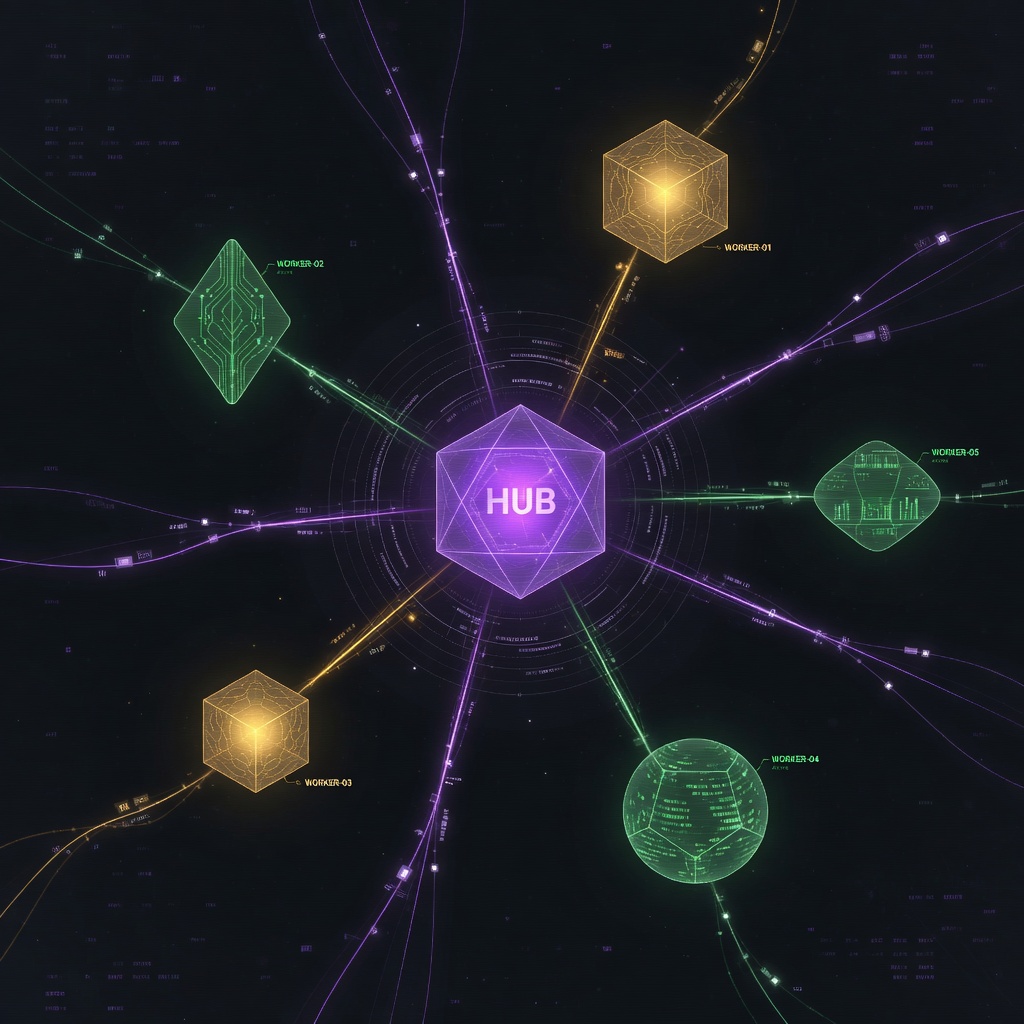 M3SHD hub-and-spoke architecture: central hub with radiating worker nodes across multiple hardware types