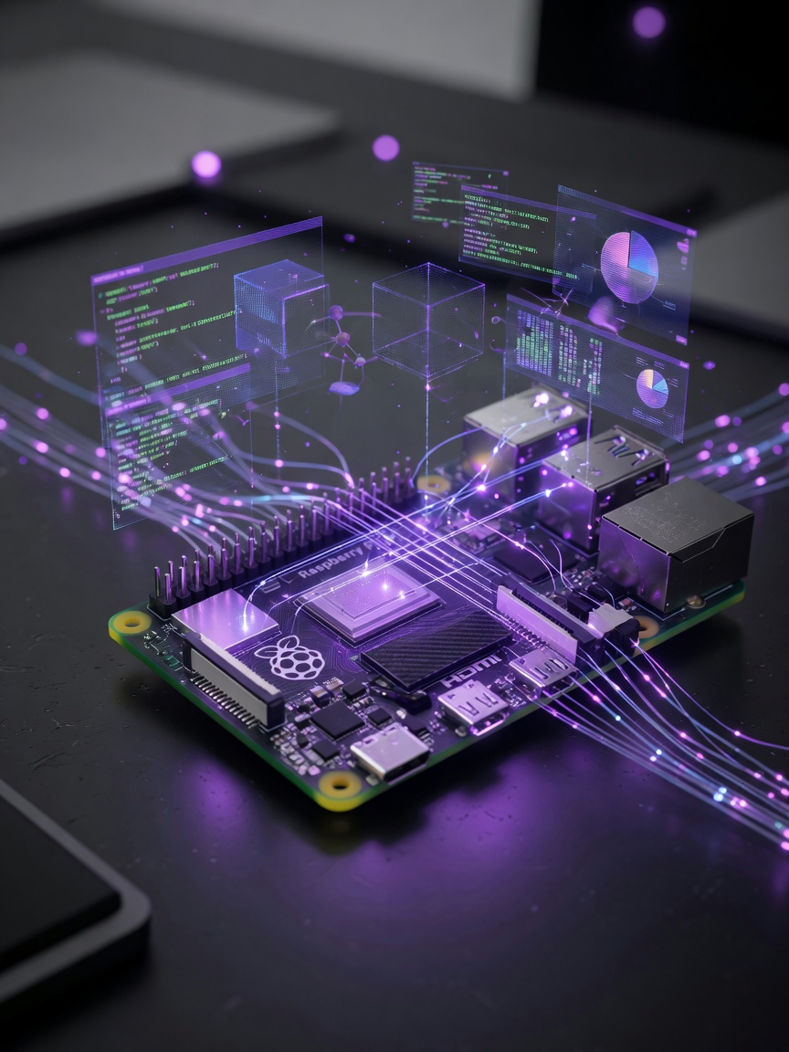 Raspberry Pi 5 with holographic data projections representing the M3SHD mesh in hardware form